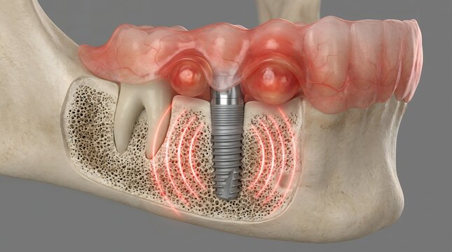 A cross section view showing a metallic dental implant inserted into the human jaw bone with pink gum tissue and adjacent teeth displayed in a highly detailed medical anatomical 3D rendering
