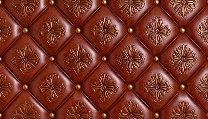 Naklejka premium Detailed close-up view of a brown leather wall panel. Intricate, embossed floral patterns and diamond-shaped quilting, accented by brass-colored studs. A rich, luxurious design