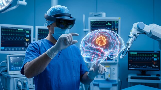 A surgeon wearing a virtual reality headset examines a glowing holographic image of a human brain with a tumor inside a modern operating room equipped with advanced robotic surgical