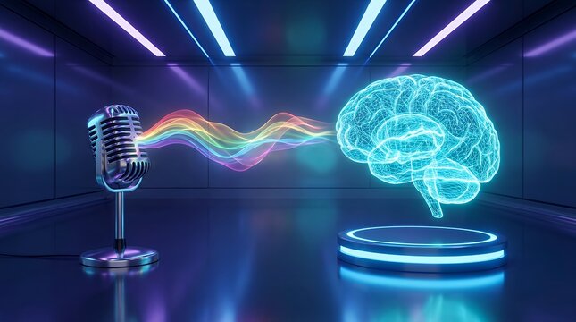 A vintage style silver microphone transmits colorful sound waves that connect to a glowing blue wireframe human brain model sitting on a circular illuminated platform inside a modern