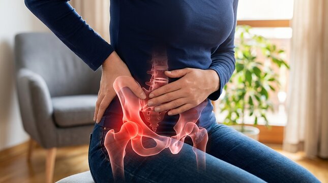 A woman sitting in a domestic interior holds her hip in discomfort while a highlighted red skeletal pelvis structure is overlaid on her body to represent chronic joint pain or injury issues