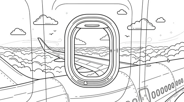 Black and white line art drawing of an airplane window view.