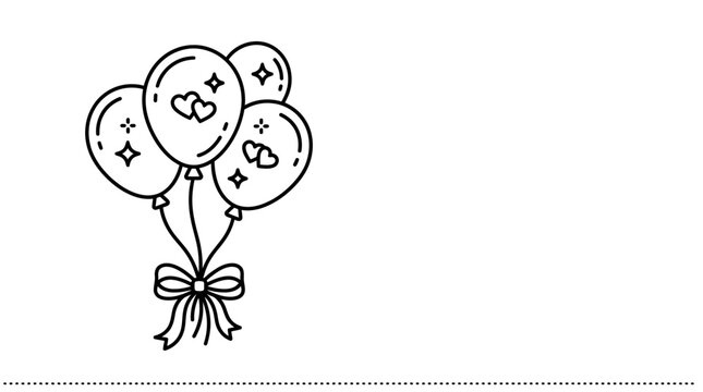 Black and white line art illustration of a bunch of balloons tied with a bow.