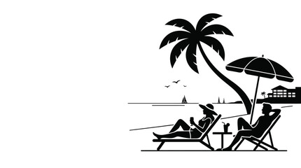 Black and white silhouette of a couple relaxing on beach chairs under a palm tree and umbrella. © sumi yati