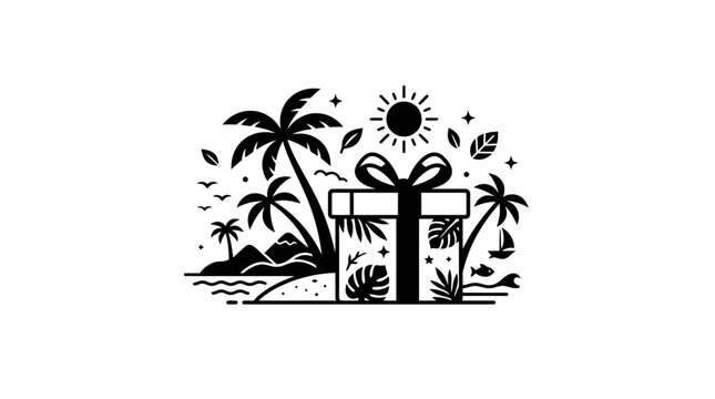 Black and white tropical island gift box illustration.
