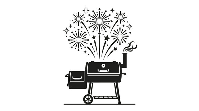 Black and white vector illustration of a barbecue grill with festive fireworks.