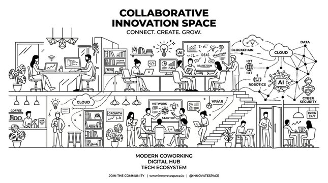 Collaborative Innovation Space Coworking Digital Hub Illustration.