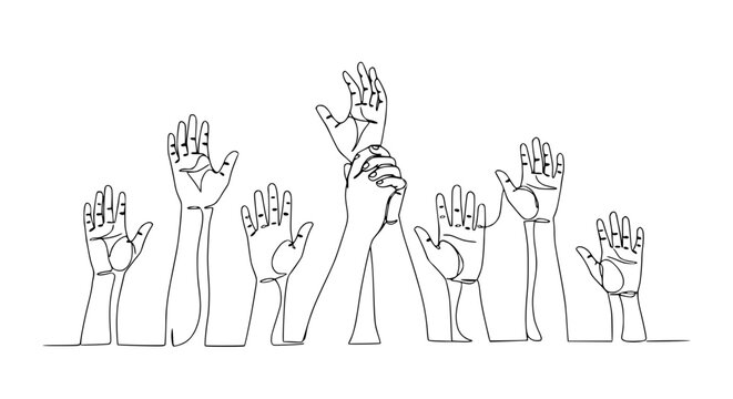 Raised Hands Line Art - Diverse Crowd Voting, Volunteering, Reaching Up