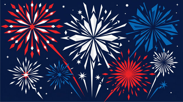Vibrant graphic illustration of dazzling red, white, and blue fireworks bursting dramatically in the night sky, ideal for patriotic celebrations, national holidays, and festive events