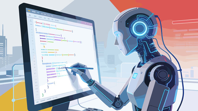 Humanoid robot with glowing blue accents coding on a computer monitor using a stylus, displaying lines of code in a futuristic cityscape setting.