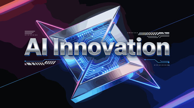 Futuristic AI Innovation logo with glowing blue circuit board patterns and sharp geometric shapes on a dark background.