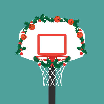 Basketball hoop decorated with Christmas wreath and ornaments.