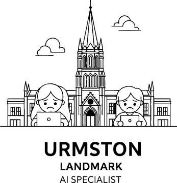 Two people working on laptops in front of Urmston landmark