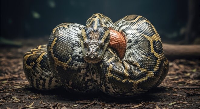 Large Burmese Python Coiled on Dark Forest Ground