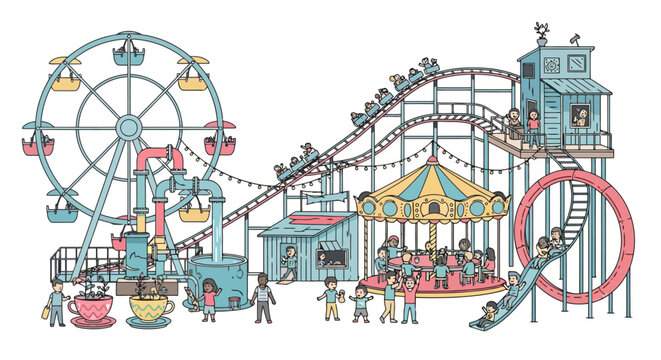 Amusement Park with Ferris Wheel, Roller Coaster, and Carousel.