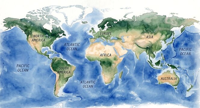 A clear and labeled world map showing continents and major oceans in a simple, colorful design for educational or illustrative use.