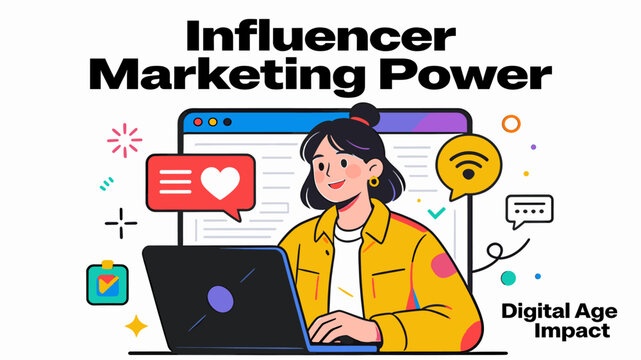 An illustration showing a woman using a laptop with social media icons, representing the power of influencer marketing and its impact in the digital age.
