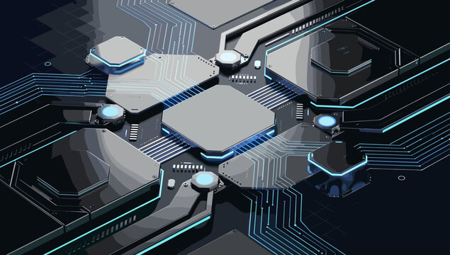 Abstract futuristic circuit board with glowing blue lines and metallic components, representing advanced technology and data processing.