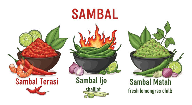 Three types of traditional Indonesian sambal condiments displayed in ceramic bowls with fresh spicy ingredients