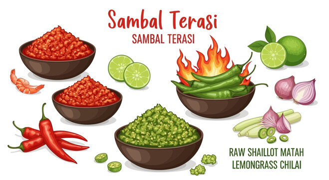 Traditional sambal terasi chili sauce ingredients and components displayed as a vibrant digital vector illustration set