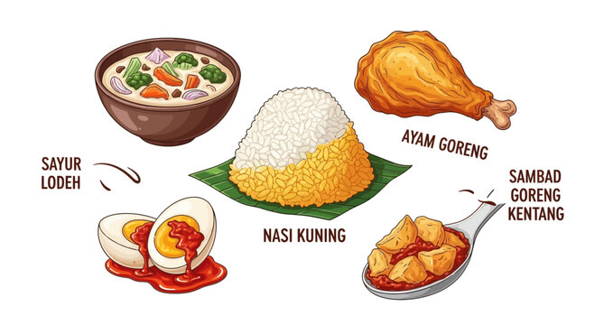 Traditional indonesian nasi kuning meal set featuring various delicious side dishes in a digital art style