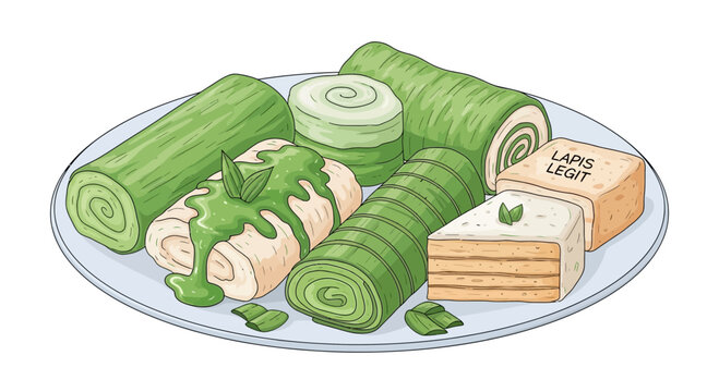 Delicious traditional Indonesian snacks featuring green pandan roll cakes and layered lapis legit cake slices arranged