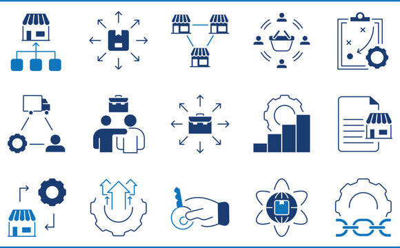 A set of icons related to Chain Store. Stores, link, chain, job, distribute, process, partnership, and so on.