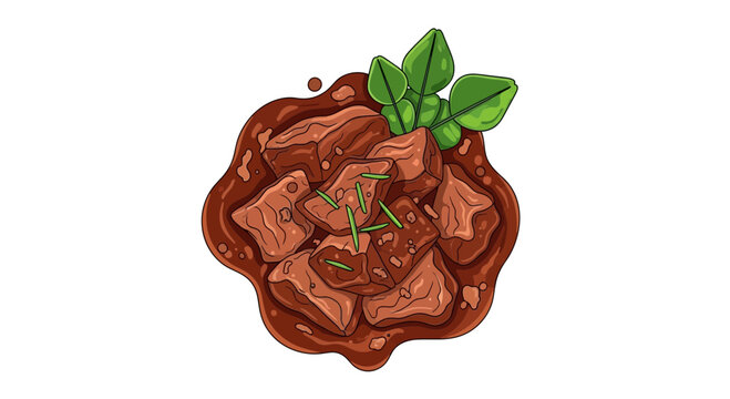 Delicious beef stew chunks served with fresh green herbs in a rich savory brown sauce