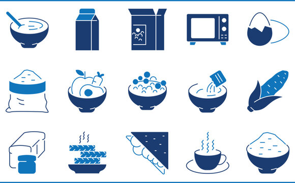 A set of icons related to Breakfast. Milk, cereal, grains, diet, sandwich, bread, tea, oats, fruits, and so on.