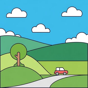 Cartoon-style illustration of a sunny day with rolling hills, fluffy clouds, a single tree, and a road with a tiny car