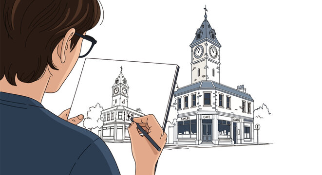 Person sketching a detailed architectural drawing of a historic building with a clock tower.