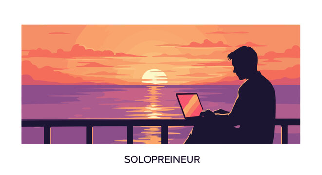 Silhouette of a man working on a laptop at sunset.