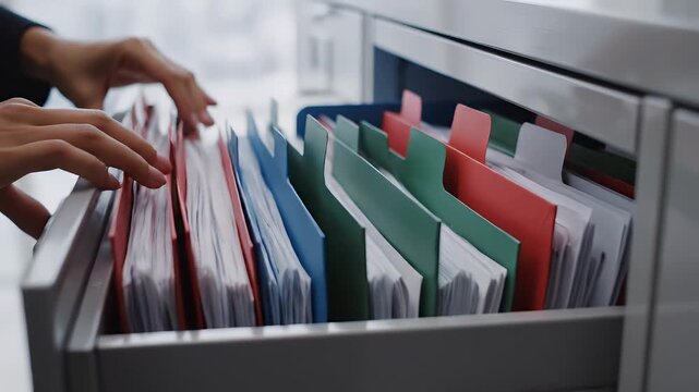Close-up of hands organizing and searching for important documents in a multi-colored filing cabinet drawer within a professional office setting