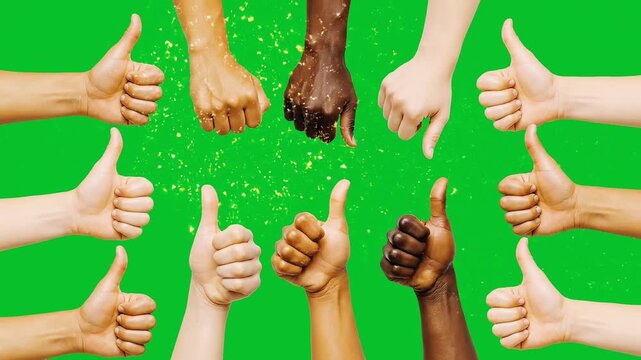 A diverse group of hands giving a thumbs up gesture against a green background.