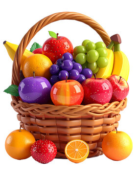 3D plastic cartoon-style fruit basket icon filled with glossy apples, bananas, grapes on transparent background and white background 
