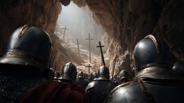 Medieval soldiers in heavy armor stand before wooden crosses inside a dark rocky cavern.