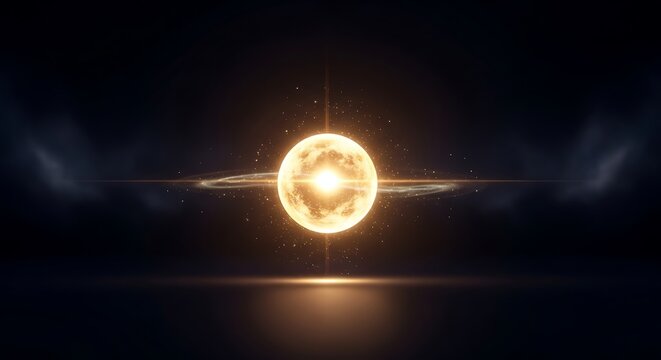 Glowing sphere with radiating light against a dark backdrop. Wisps of smoke or clouds surround the edges. A celestial body is the focal point
