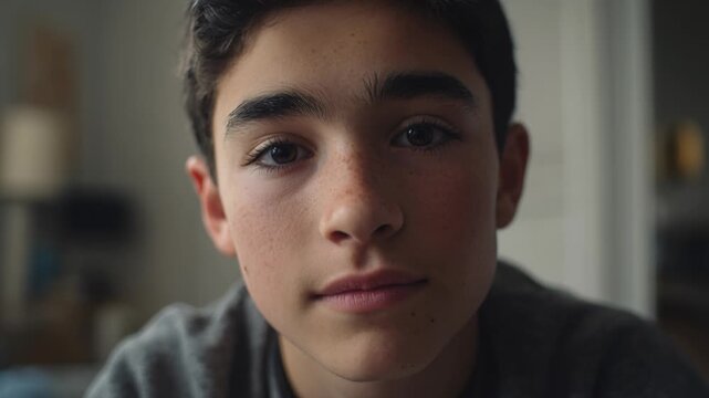 Serious teenage boy portrait with neutral expression in bedroom setting