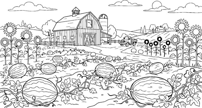 Farm Barn and Watermelon Patch in Rural Countryside
