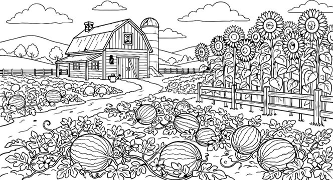 Farm Landscape with Watermelon Patch and Sunflowers Coloring Page