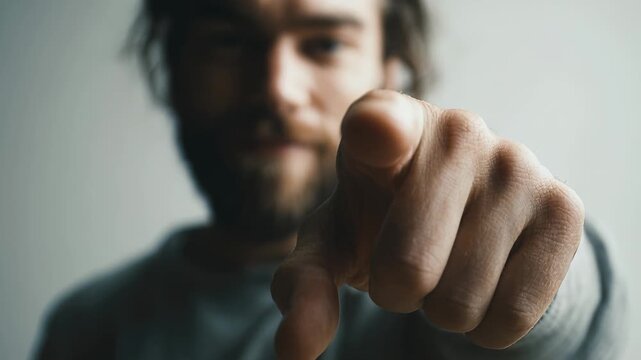 Young bearded man pointing finger directly at camera with confident gesture