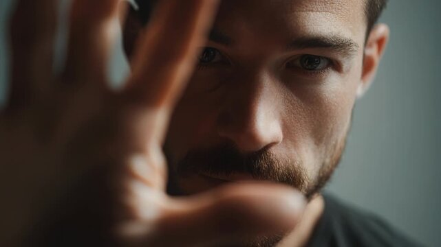 Young man looking through fingers framing his eye in moody studio shot