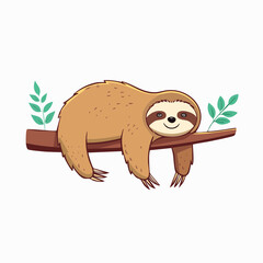 Fototapeta premium Cute cartoon sloth hanging on a tree branch with leaves