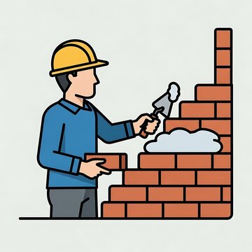 Illustration of a construction worker building a brick wall, wearing a helmet. The worker uses a trowel to apply mortar. The image is a vector graphic