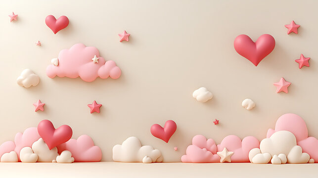 Wide Horizontal Banner with 3D Claymorphism Pink Clouds and Hearts with Large Copy Space