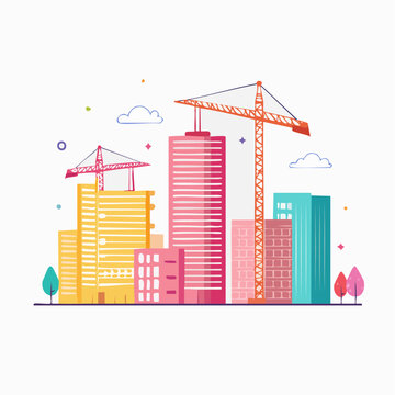 Cityscape with construction cranes and modern buildings
