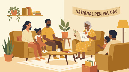Fototapeta premium Family Celebrating National Pen Pal Day in Cozy Living Room