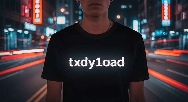 Person wearing a shirt with illuminated text, standing on a street at night, with blurred city lights