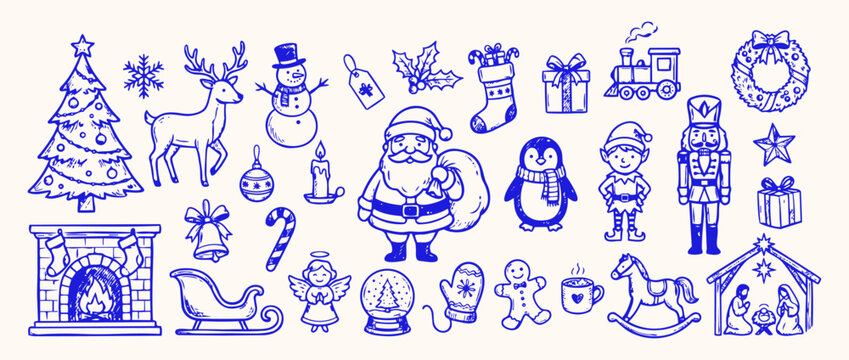 Christmas Elements: A charming collection of hand-drawn Christmas icons, featuring Santa Claus, reindeer, a snowman, Christmas tree, fireplace, gifts, and festive ornaments.