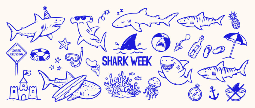 Shark Week Doodles: A whimsical collection of blue ink doodles celebrating shark week with various shark illustrations, beach elements, and oceanic symbols.